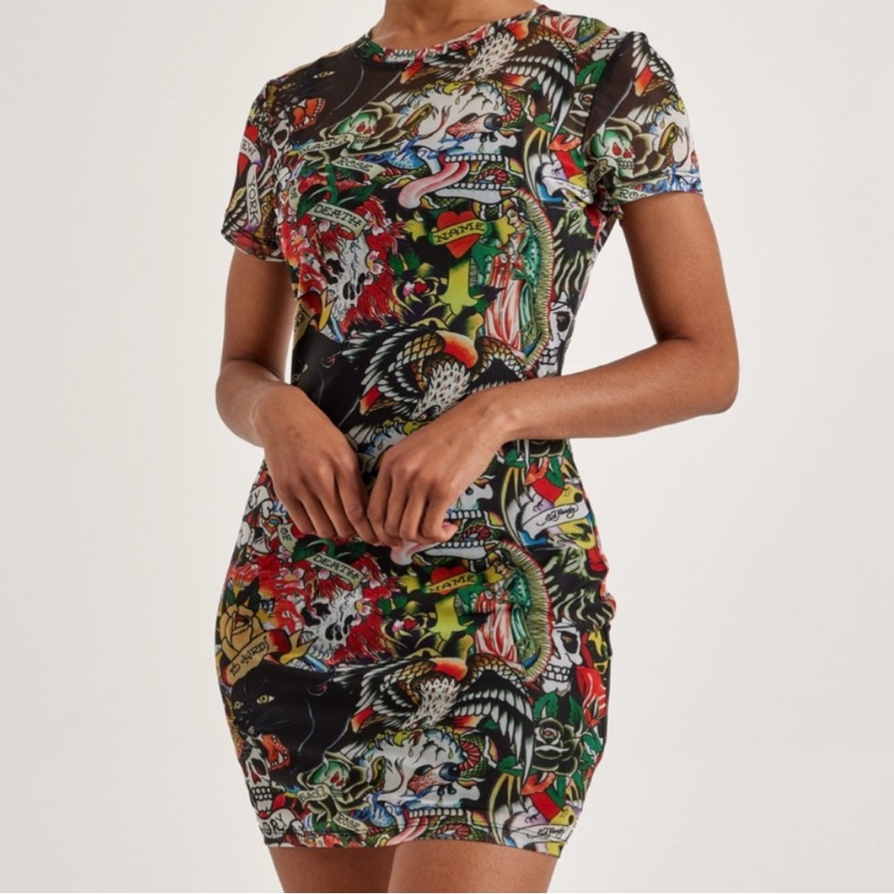 Ed Hardy Multicolor Graphic Mini Dress